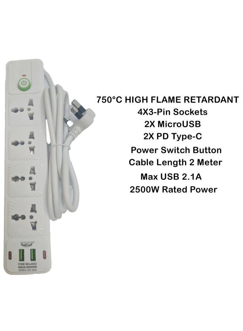 Lucky Hawk شريط تمديد الطاقة مع USB C و Micro USB، 4 منافذ 3 دبابيس، 2 منفذ PD Type-C و 2 منفذ Micro USB، 2500 واط، شريط طاقة مقاوم للاشتعال حتى 750°C مع مفتاح، سلك تمديد بطول 2 متر، محطة شحن حائطية بيضاء - Image 2